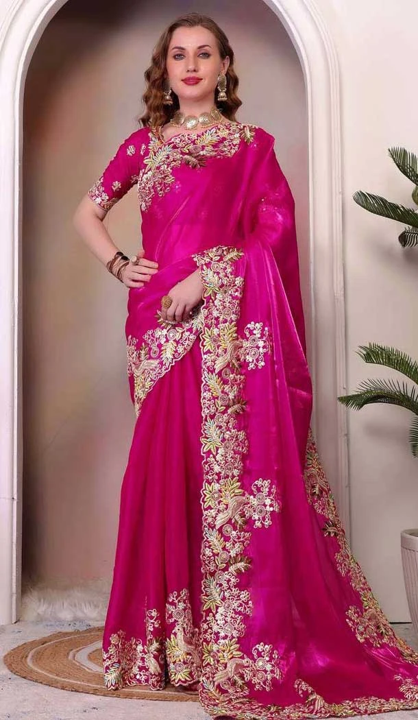 Rani Pink Soft Jimmy Choo Embroidered Party Wear Saree - 11552201633