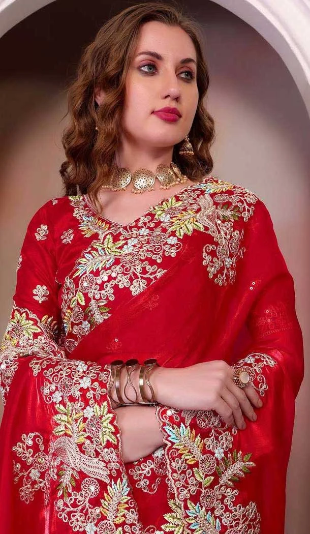 Red Soft Jimmy Choo Embroidered Party Wear Saree - 11552201634