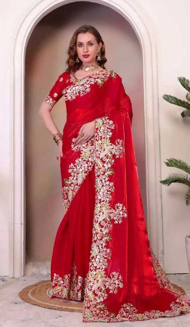 Red Soft Jimmy Choo Embroidered Party Wear Saree - 11552201634