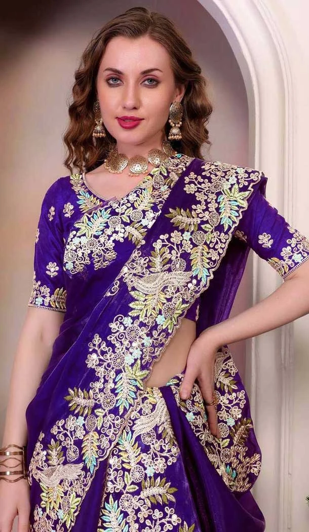 Royal Blue Soft Jimmy Choo Embroidered Party Wear Saree - 11552201635