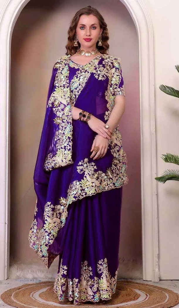 Royal Blue Soft Jimmy Choo Embroidered Party Wear Saree - 11552201635
