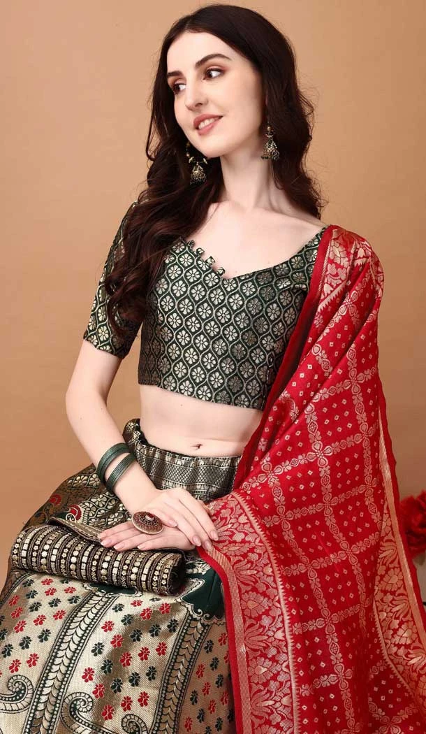 Green Soft Silk Jacquard Work Party Wear Lehenga Choli - 11553201637