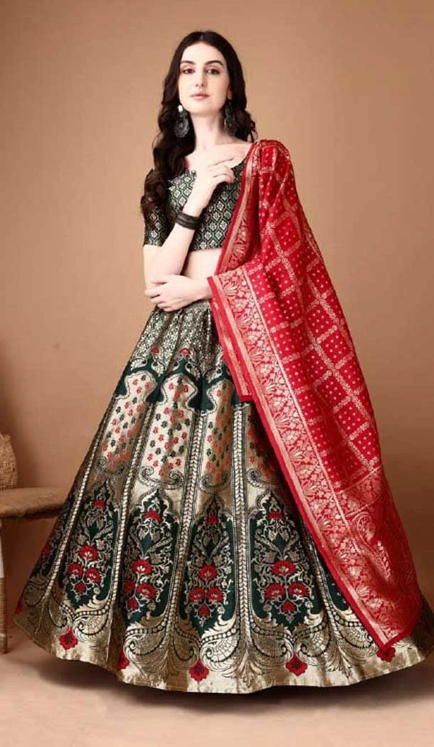 Green Soft Silk Jacquard Work Party Wear Lehenga Choli - 11553201637