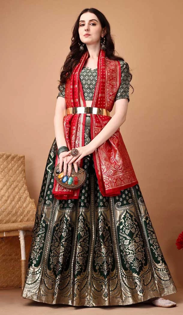 Green Soft Silk Jacquard Work Party Wear Lehenga Choli - 11553201640