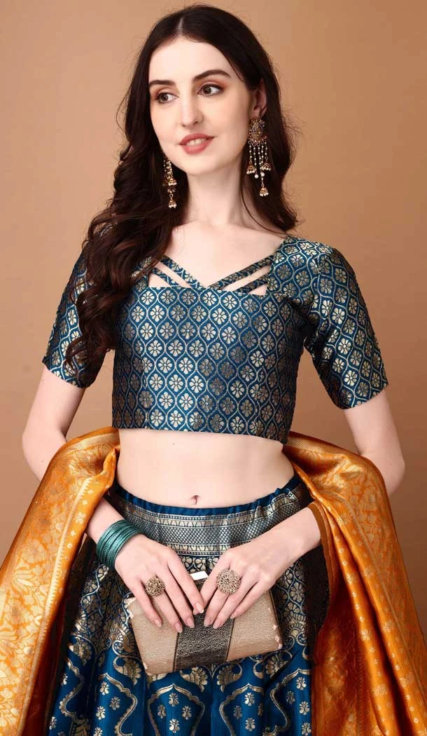 Blue Soft Silk Jacquard Work Party Wear Lehenga Choli - 11553201641