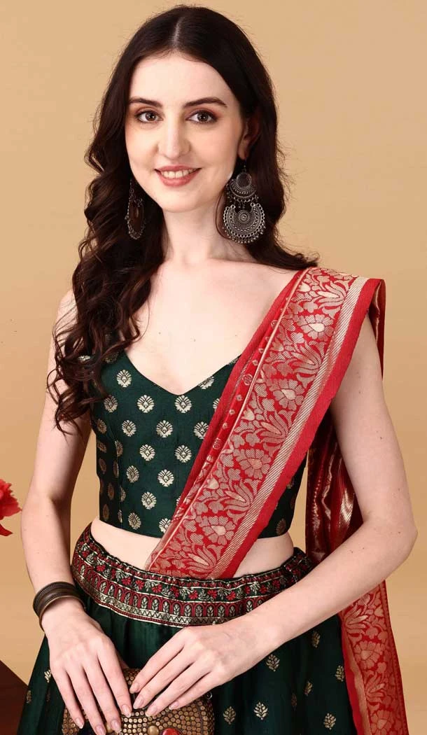 Green And Red Soft Silk Jacquard Work Party Wear Lehenga Choli - 11553201645
