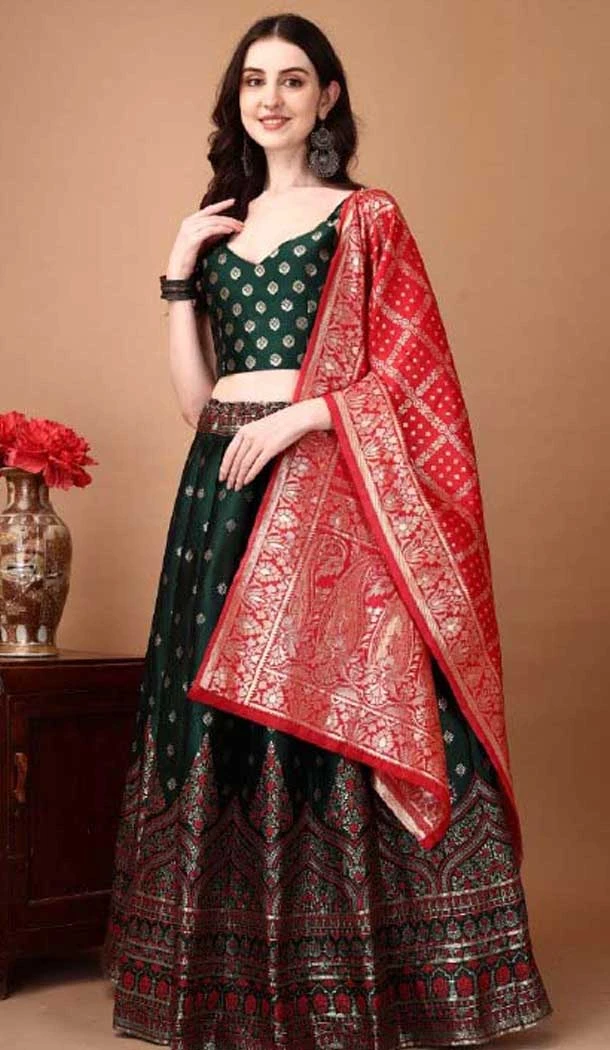 Green And Red Soft Silk Jacquard Work Party Wear Lehenga Choli - 11553201645