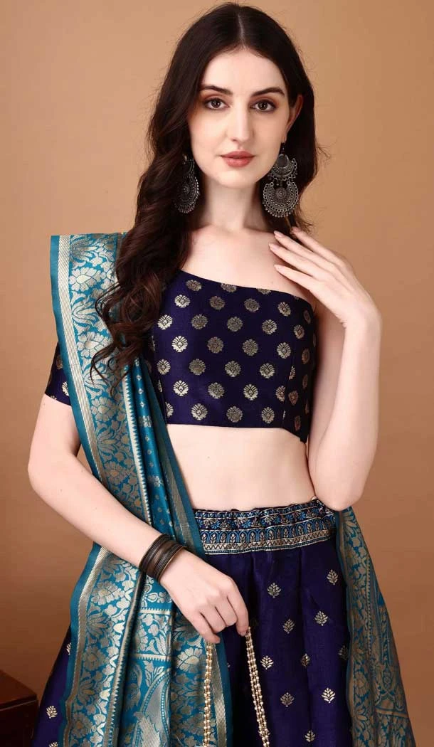Indigo Blue Soft Silk Jacquard Work Party Wear Lehenga Choli - 11553201647