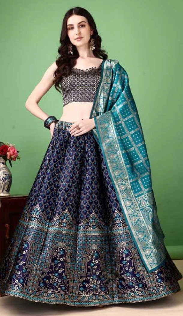 Navy Blue Jacquard Work Soft Silk Party Wear Lehenga Choli - 11553201650
