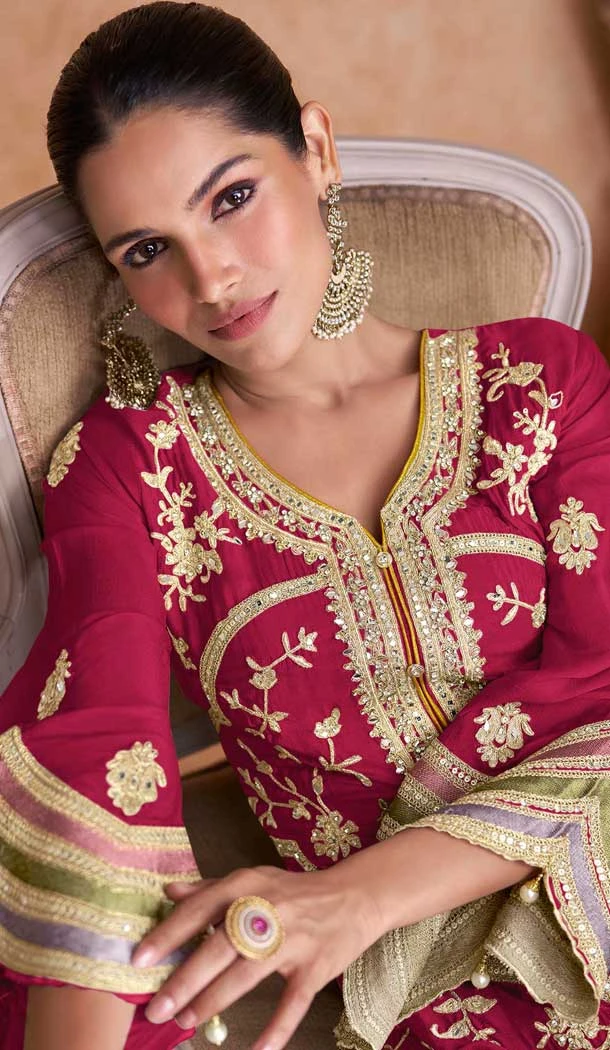 Chinon Embroidered Party Wear Palazzo Salwar Suit In Rani Pink - 11556201654