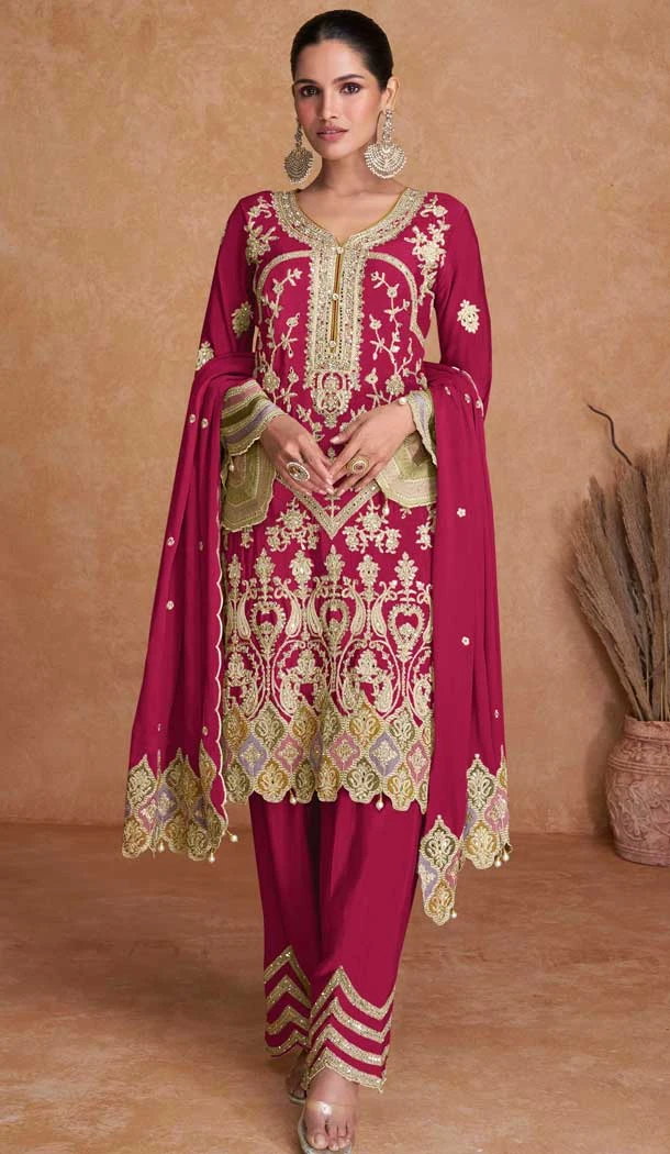 Chinon Embroidered Party Wear Palazzo Salwar Suit In Rani Pink - 11556201654
