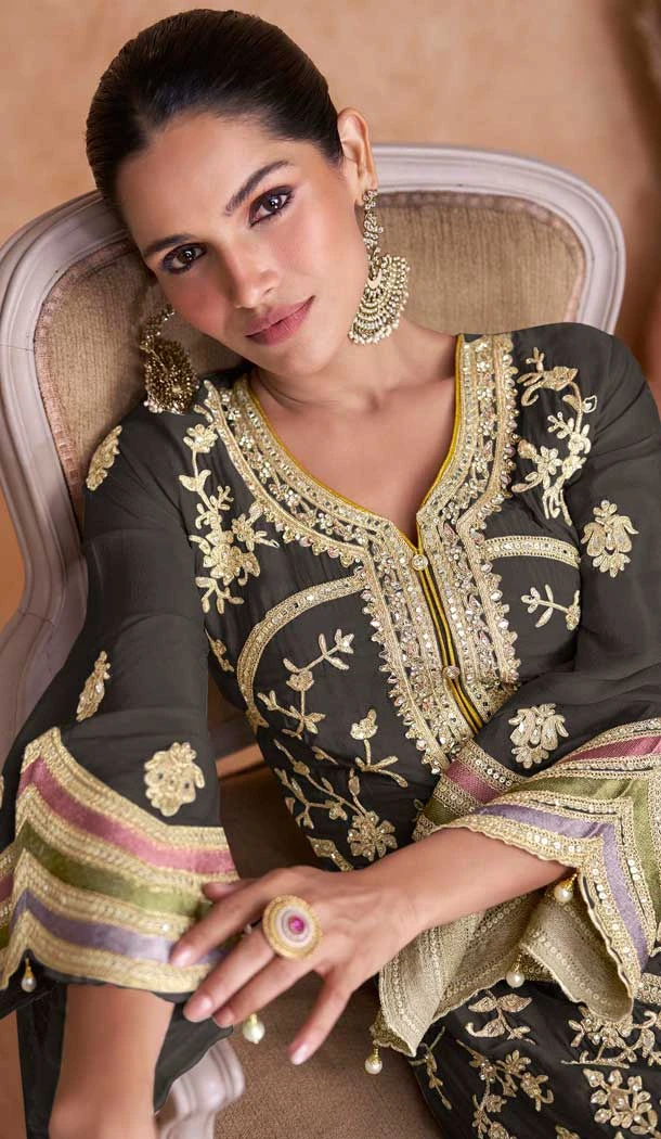 Chinon Embroidered Party Wear Palazzo Salwar Suit In Black - 11556201655