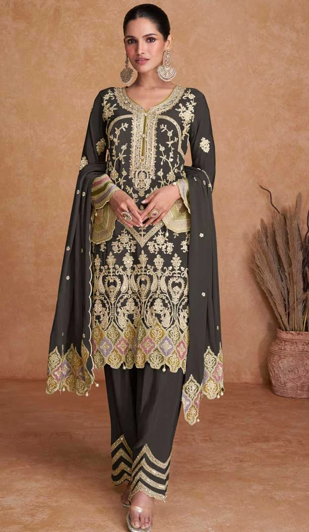 Chinon Embroidered Party Wear Palazzo Salwar Suit In Black - 11556201655