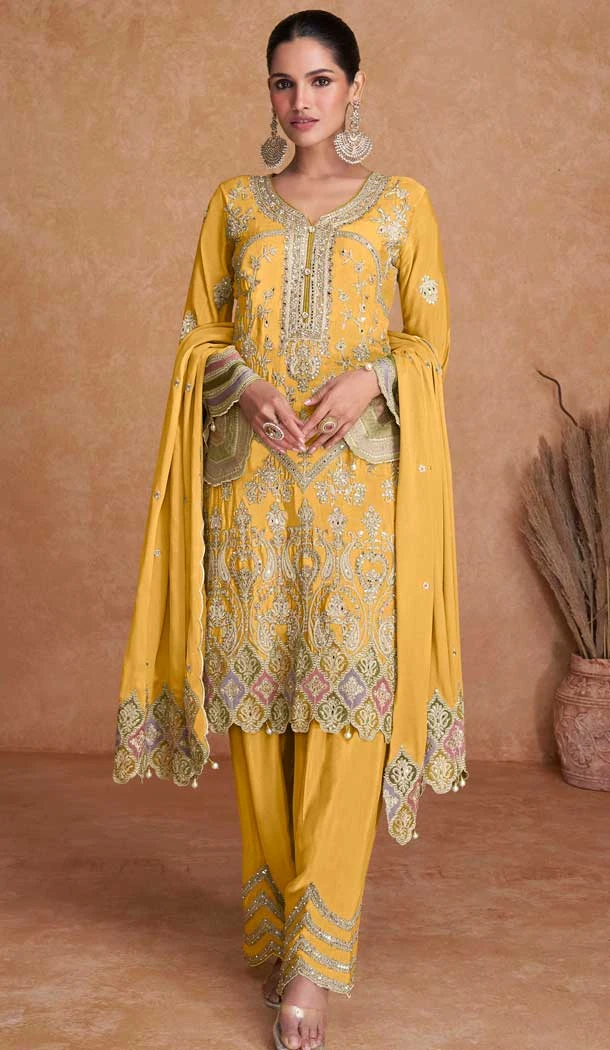 Chinon Embroidered Party Wear Palazzo Salwar Suit In Yellow - 11556201657