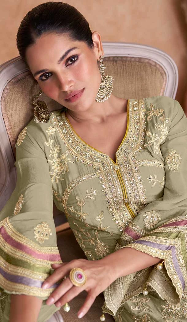 Chinon Embroidered Party Wear Palazzo Salwar Suit In Pista Green - 11556201658