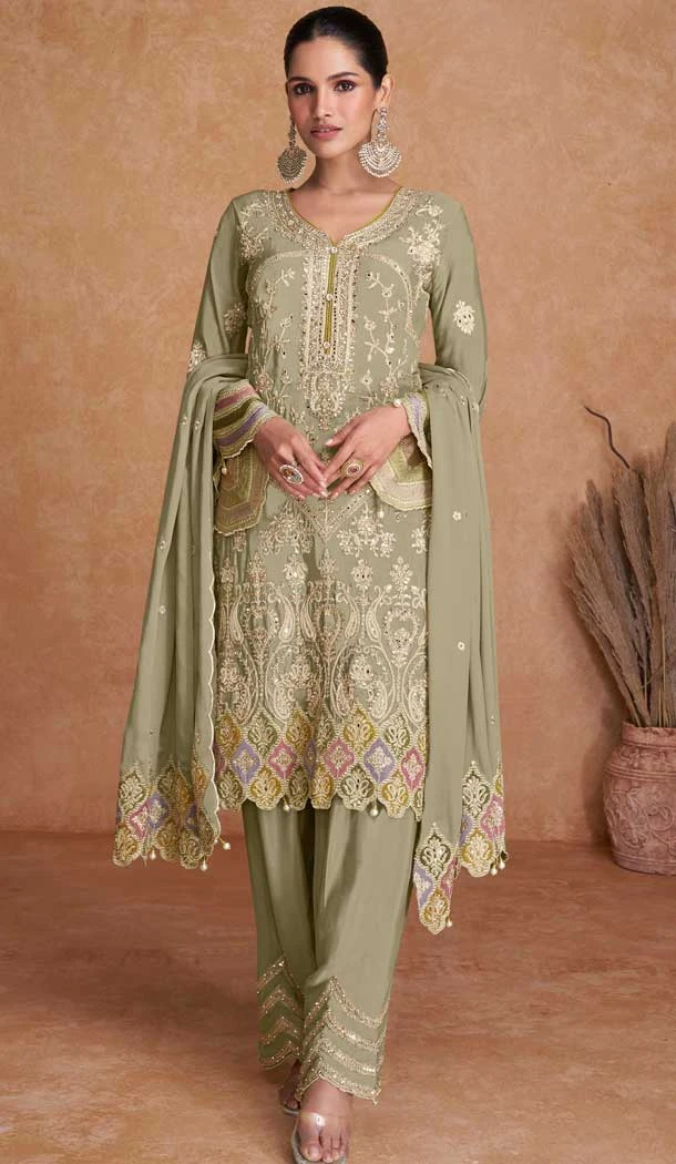 Chinon Embroidered Party Wear Palazzo Salwar Suit In Pista Green - 11556201658