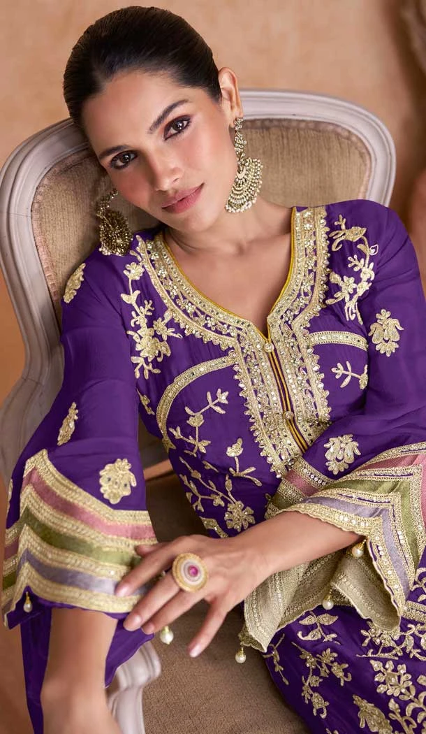 Chinon Embroidered Party Wear Palazzo Salwar Suit In Purple - 11556201659