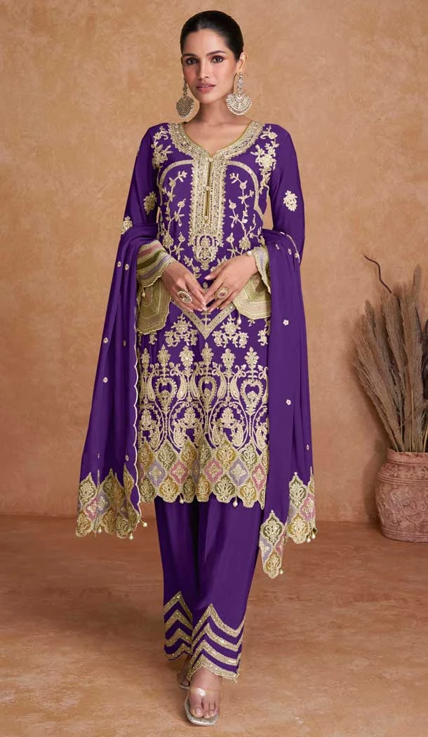Chinon Embroidered Party Wear Palazzo Salwar Suit In Purple - 11556201659
