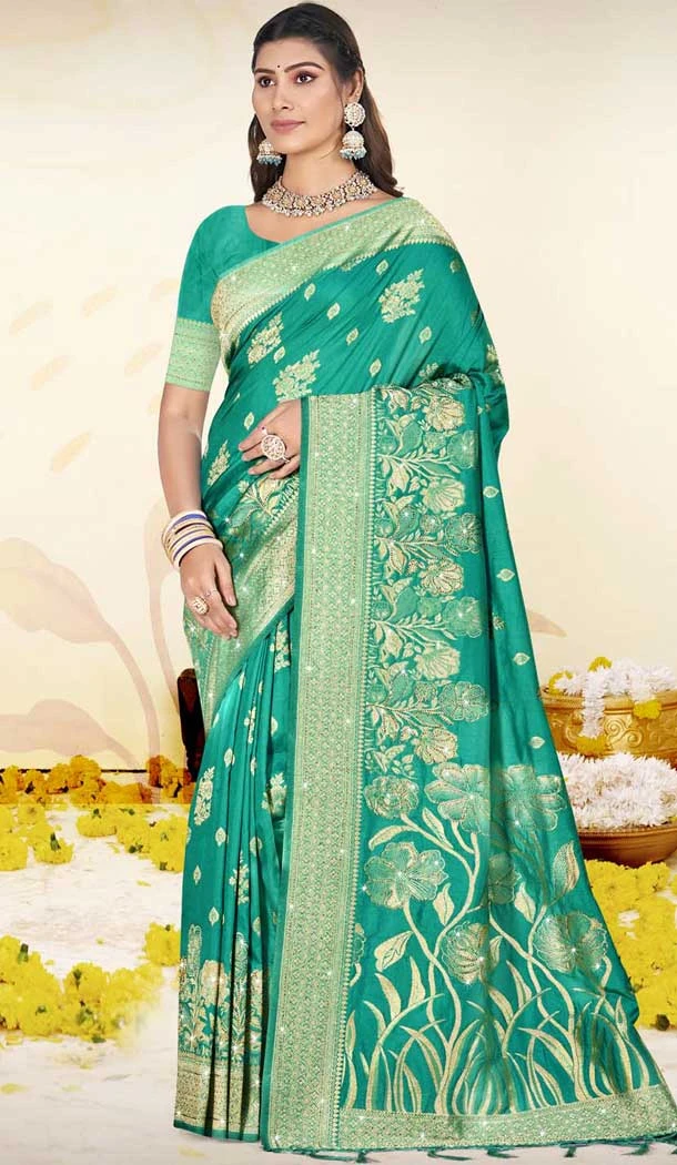 Art Silk Printed Party Wear Saree In Sea Green - 11416200713