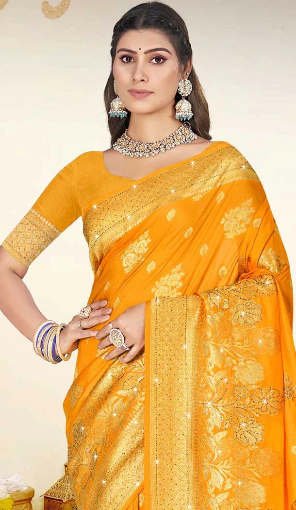 Art Silk Printed Party Wear Saree In Yellow - 11416200715