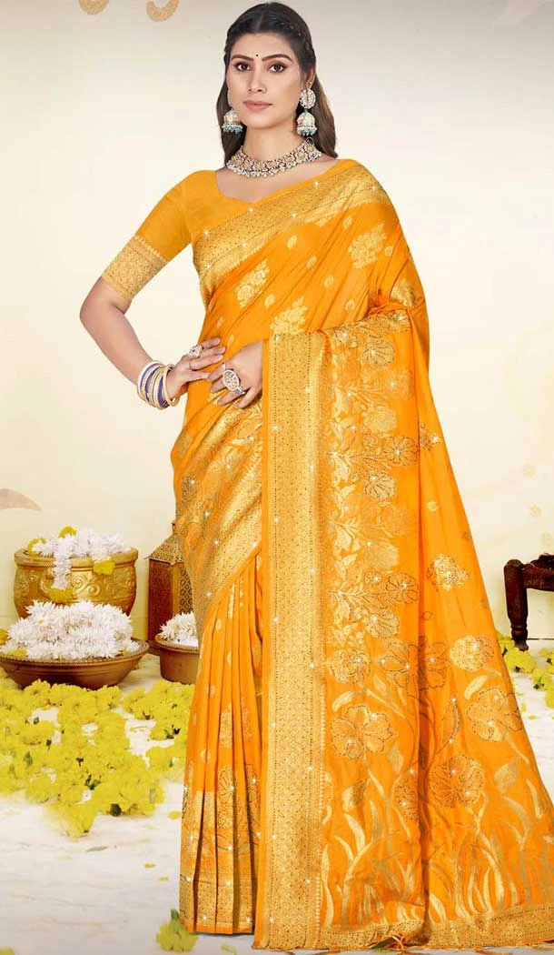 Art Silk Printed Party Wear Saree In Yellow - 11416200715