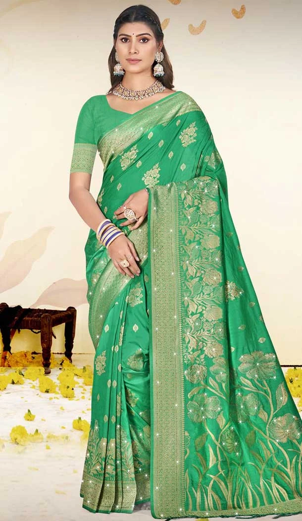 Art Silk Printed Party Wear Saree In Green - 11416200717