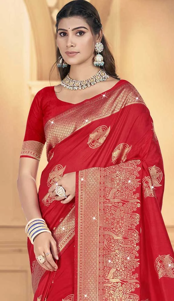 Red Art Silk Printed Traditional Party Wear Saree - 11417200718