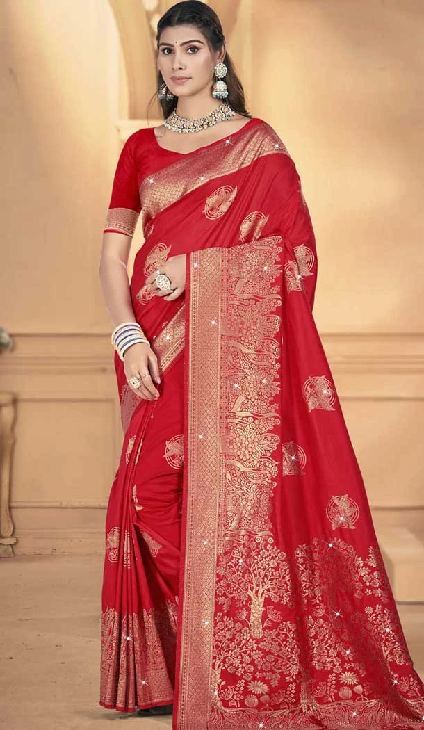 Red Art Silk Printed Traditional Party Wear Saree - 11417200718