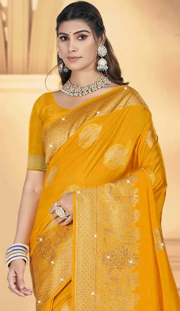 Yellow Art Silk Printed Traditional Party Wear Saree - 11417200719
