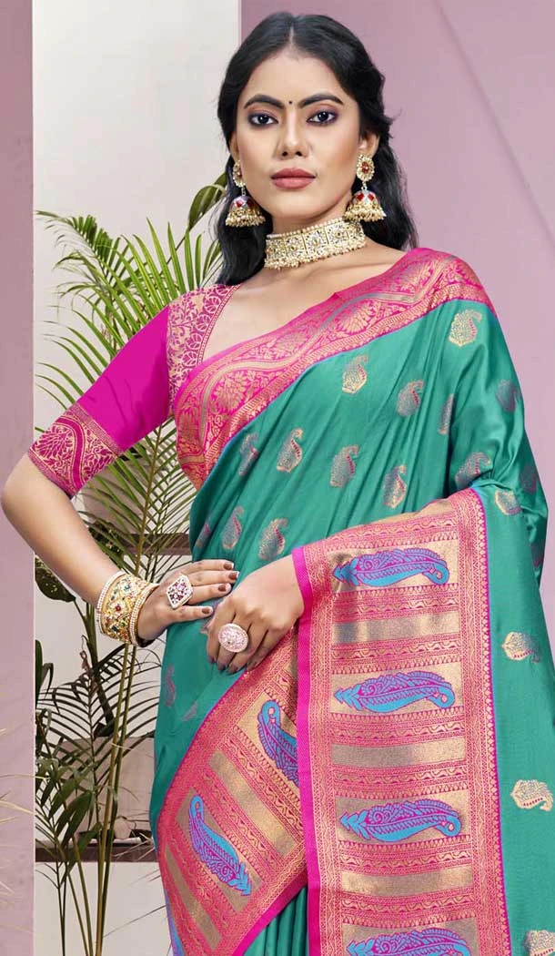 Sea Green Art Silk Weaving Work Party Wear Saree - 11460201003