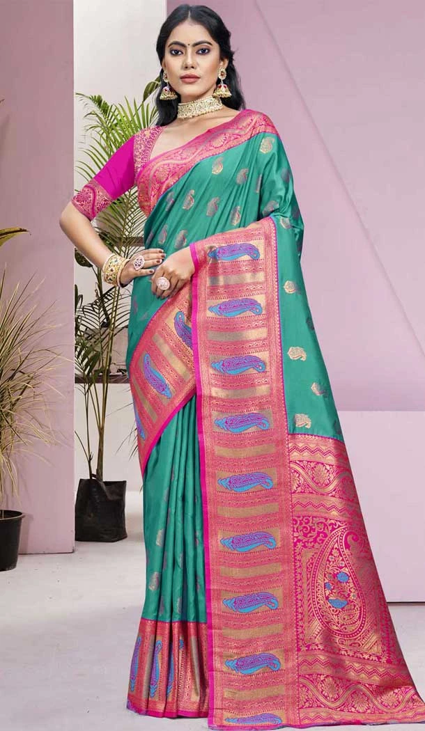 Sea Green Art Silk Weaving Work Party Wear Saree - 11460201003