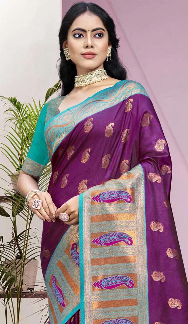 Wine Art Silk Weaving Work Party Wear Saree - 11460201007
