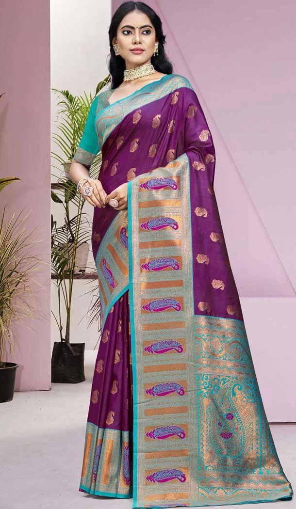 Wine Art Silk Weaving Work Party Wear Saree - 11460201007