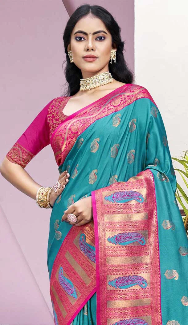 Firozi Blue Art Silk Weaving Work Party Wear Saree - 11460201009