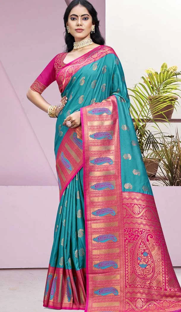Firozi Blue Art Silk Weaving Work Party Wear Saree - 11460201009