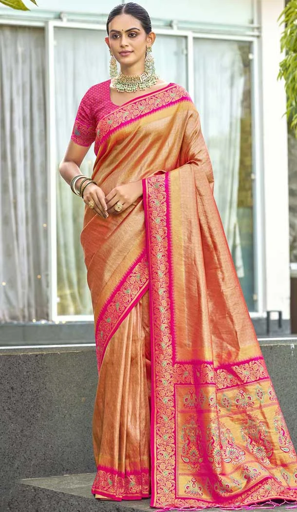 Pastel Orange Art Silk Weaving Work Designer Party  Wear Saree  - 11463201023
