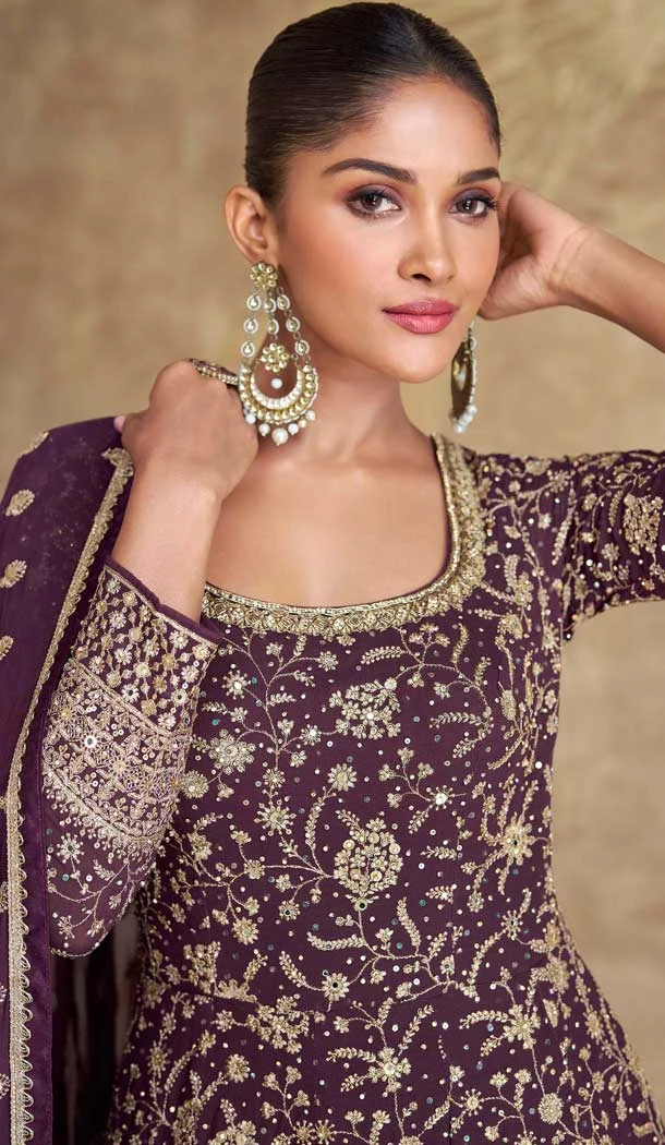 Purple Georgette Embroidered Party Wear Anarkali Suit - 11555201651