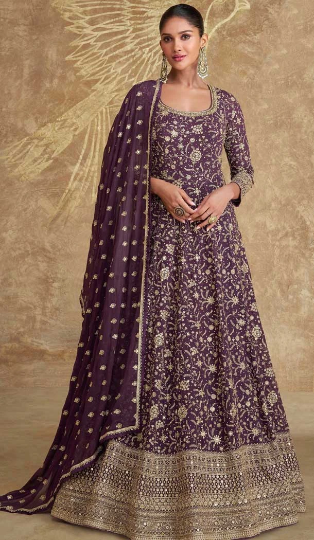 Purple Georgette Embroidered Party Wear Anarkali Suit - 11555201651