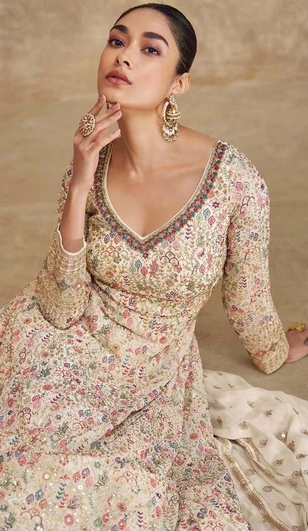 Cream Georgette Embroidered Party Wear Anarkali Suit - 11555201652
