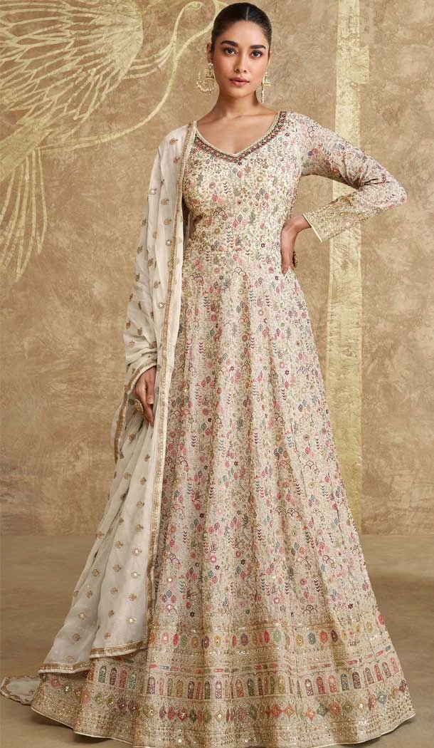 Cream Georgette Embroidered Party Wear Anarkali Suit - 11555201652