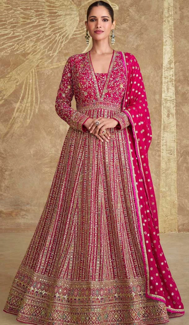 Rani Pink Georgette Embroidered Party Wear Anarkali Suit - 11555201653