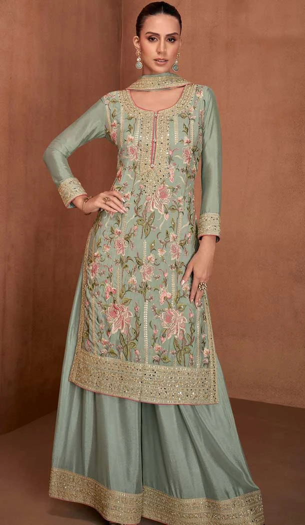 Georgette Embroidery Work Party Wear Palazzo Suit In Pista Green - 11567201719