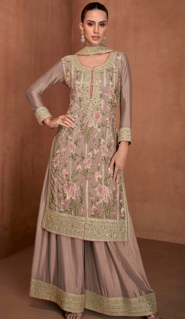 Georgette Embroidery Work Party Wear Palazzo Suit In Peach - 11567201720