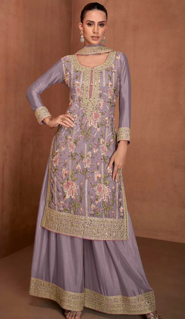 Georgette Embroidery Work Party Wear Palazzo Suit In Lavender - 11567201721