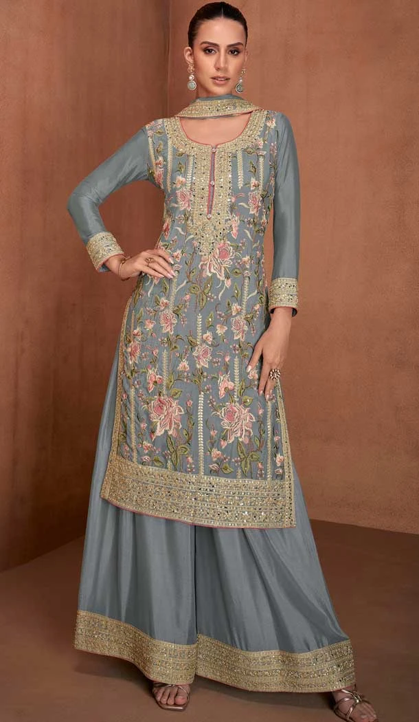 Georgette Embroidery Work Party Wear Palazzo Suit In Grey - 11567201722