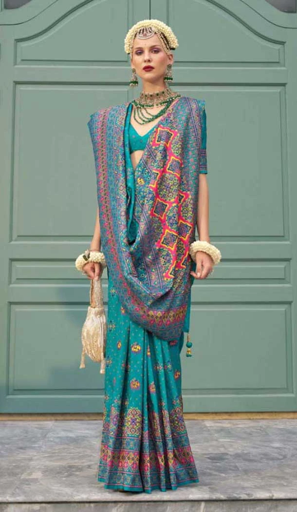 Firozi Blue Banarasi Silk Weaving Work Party Wear Saree - 11540201569