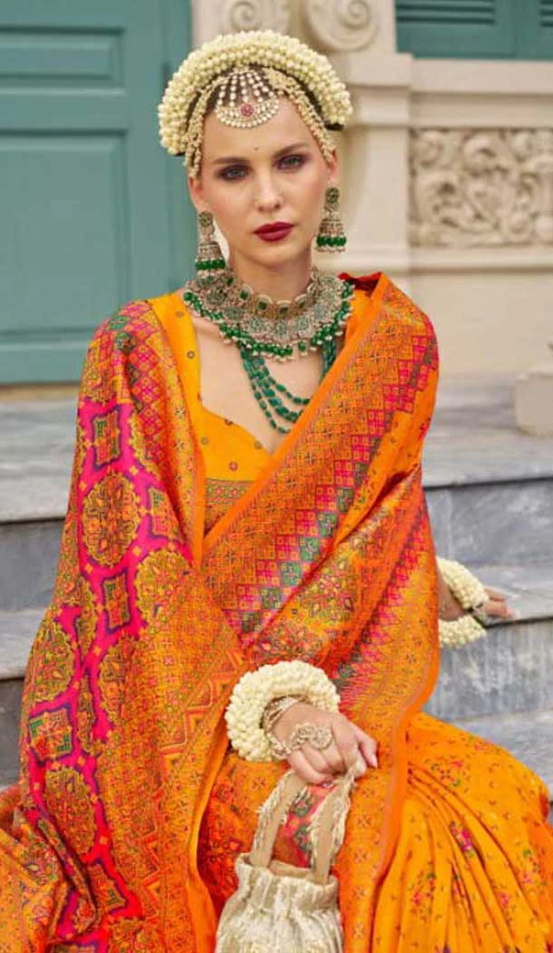 Orange Banarasi Silk Weaving Work Party Wear Saree - 11540201570