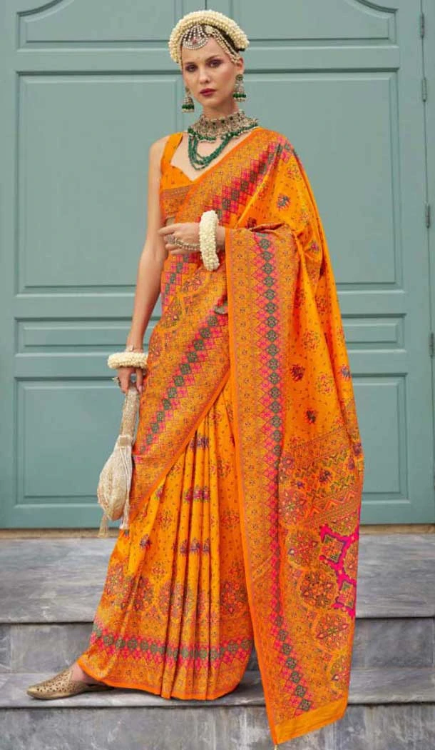 Orange Banarasi Silk Weaving Work Party Wear Saree - 11540201570