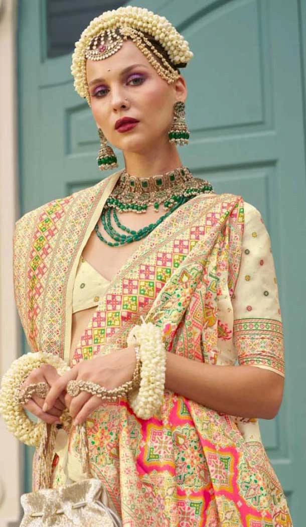 Cream Banarasi Silk Weaving Work Party Wear Saree - 11540201573