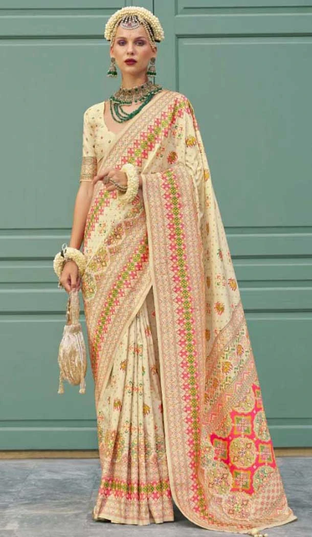 Cream Banarasi Silk Weaving Work Party Wear Saree - 11540201573